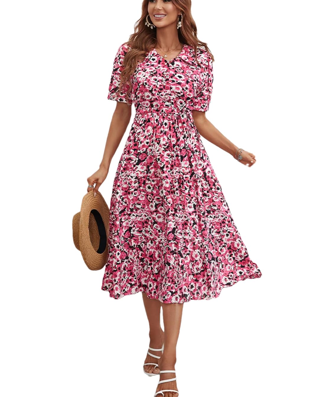 Vestido largo de manga corta con estampado floral para mujer, vestido largo de verano, oficina, fiesta, acampanado, vestido midi