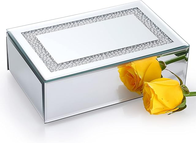 IGNPION Glass Mirrored Jewelry Box with pearls Trinket Organizer Storage Box Earrings Rings Jewelry Keepsake Display Case Ffor Wedding Birthday Mother's Days Gifts
