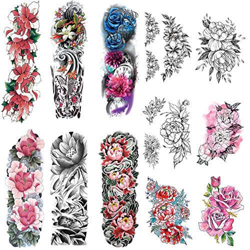 Leoars Flower Temporary Tattoos Sleeve, Peony Lily Rose Full Sleeve Temporary Tattoos and Fake Flower Half Arm Tattoos Sticker Body Makeup for Women, 12-Sheet