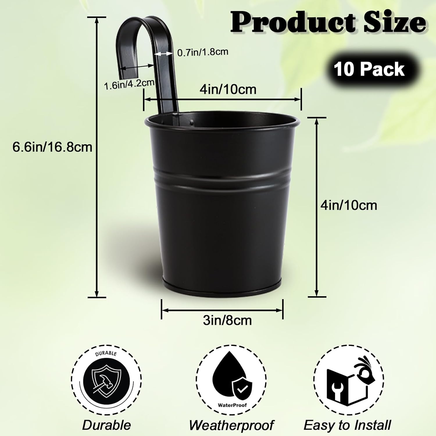 10 Pack Hanging Flower Pots, Metal Iron Bucket Planter, 4 Inches Railing Planter, Hanging Planters Flower Holder with Detachable Hook for Railing Fence Balcony Garden Home Decoration (Black)