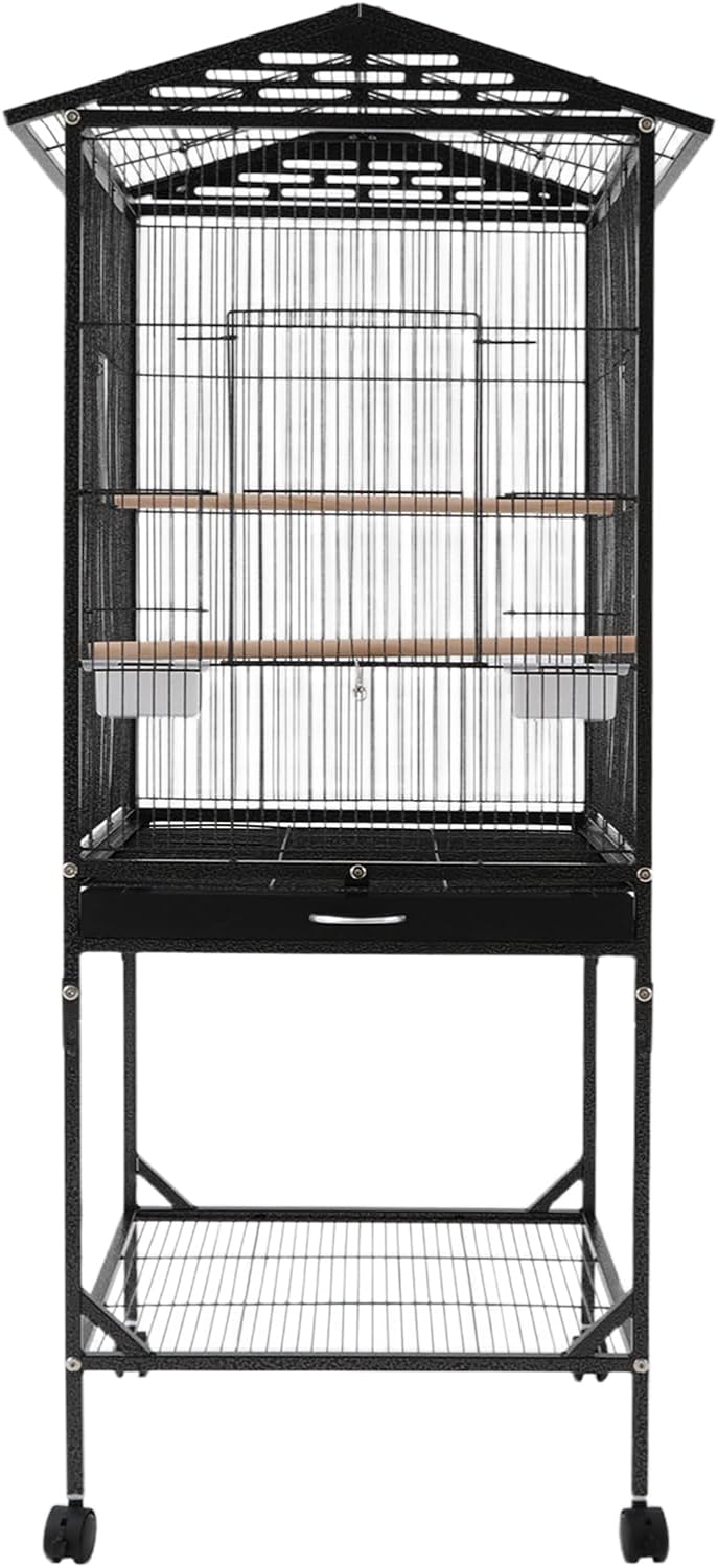 Rolling Bird Cage with Wheels, 49 Inch Rooftop Parrot Cage with Pull Out Tray and Skylight Door Metal Medium Birdcage for Cockatiel Parakeet Lovebirds (Black)