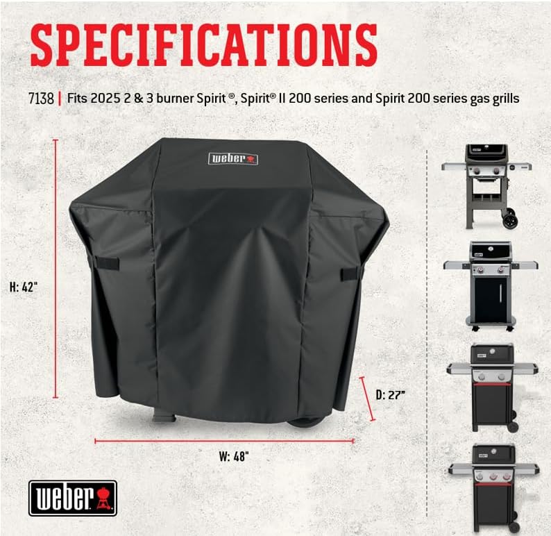 Weber Premium Outdoor Grill Cover, Water Resistant, Compatible with Small Spirit Series Gas Grills, Black 200 Series - 2 Burner