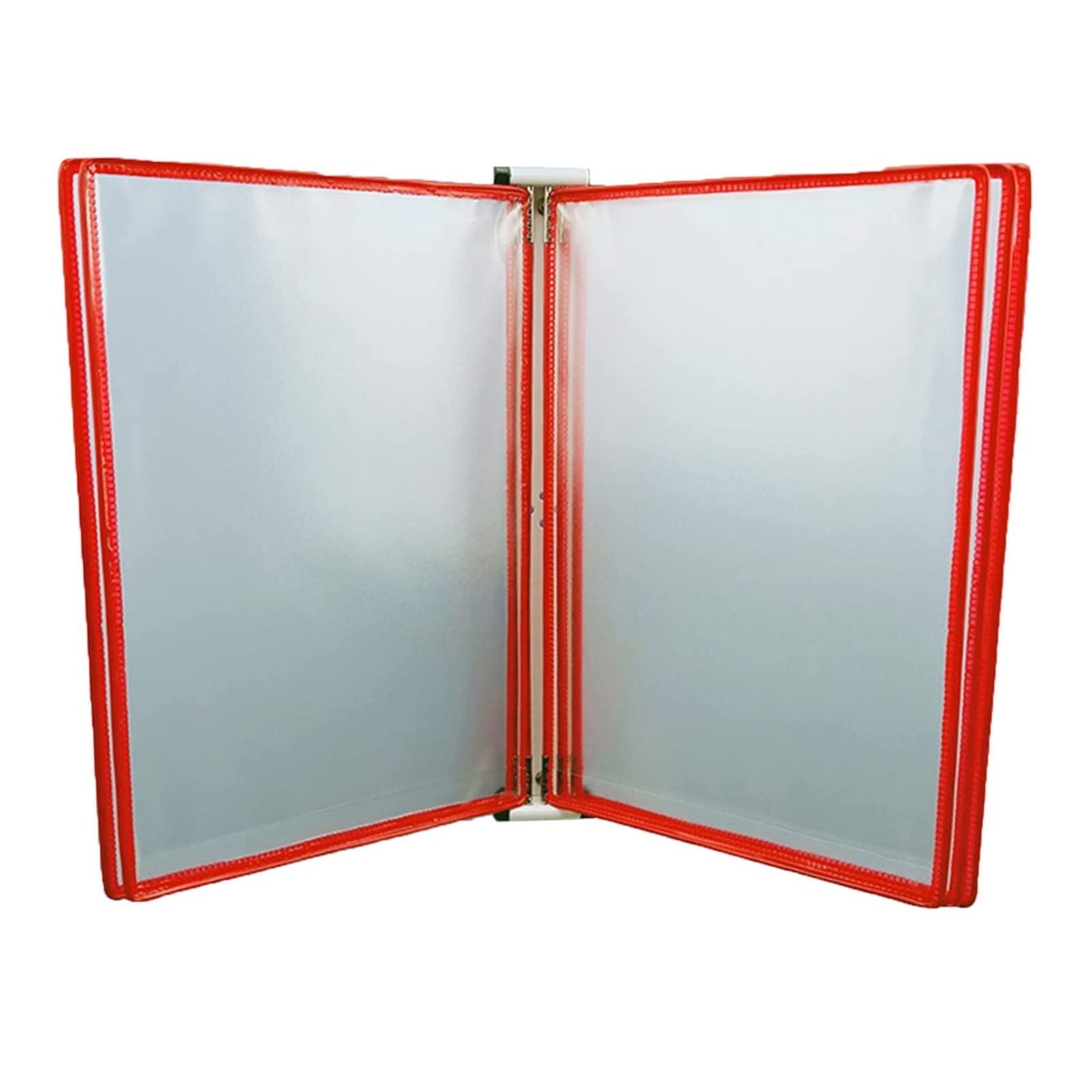MEYINGOU 5 Double-Sided Panels Wall-Mounted File Holder, A4 Folder Poster Flip Book Display, PVC+Metal Transparent Page Display Stand, L23* H33cm(Red)