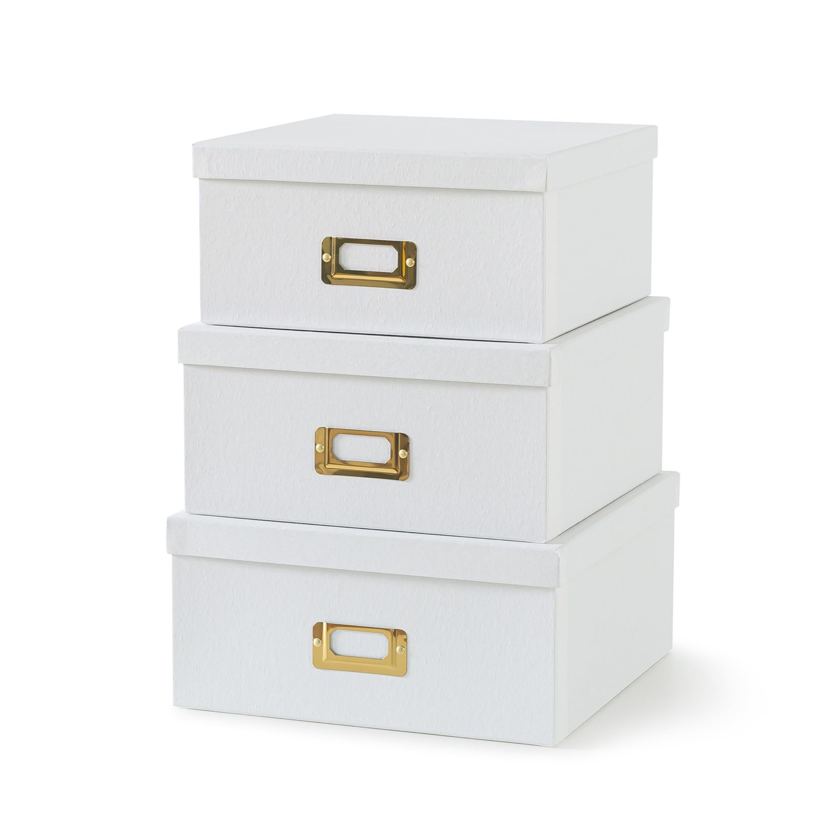 Soul & Lane White Kraft Paper Boxes for Storage - Set of 3 Square Stacking Boxes with Lids and Gold Label Holders, Decorative Photo Storage, Nesting