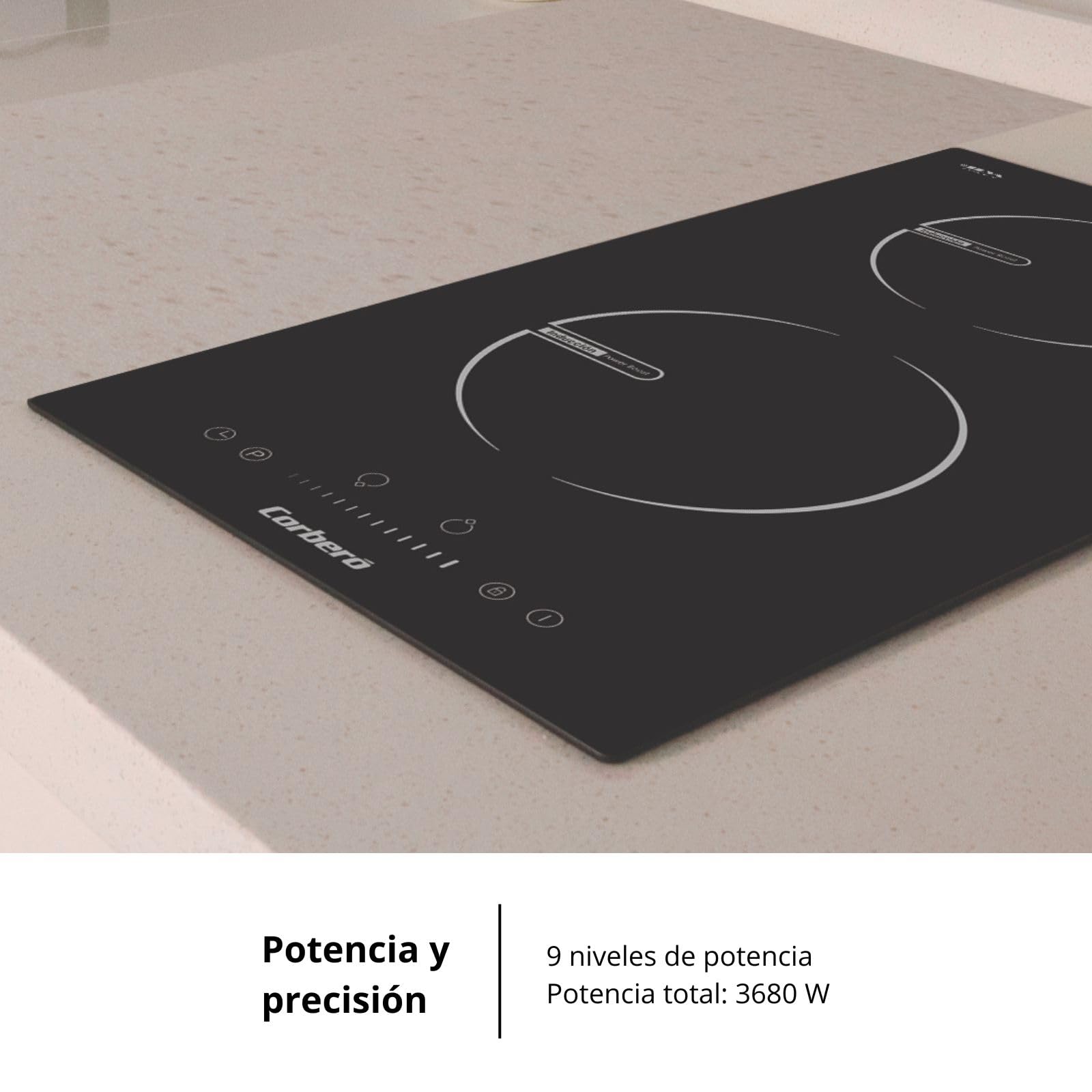 Corberó - Piastra a induzione Domino | CCIG236DI | 2 Zone | 3680W | Booster | Controllo touch Slider | Timer 99 min | Sicurezza dei bambini | Vetro Ilva Glass | Nero