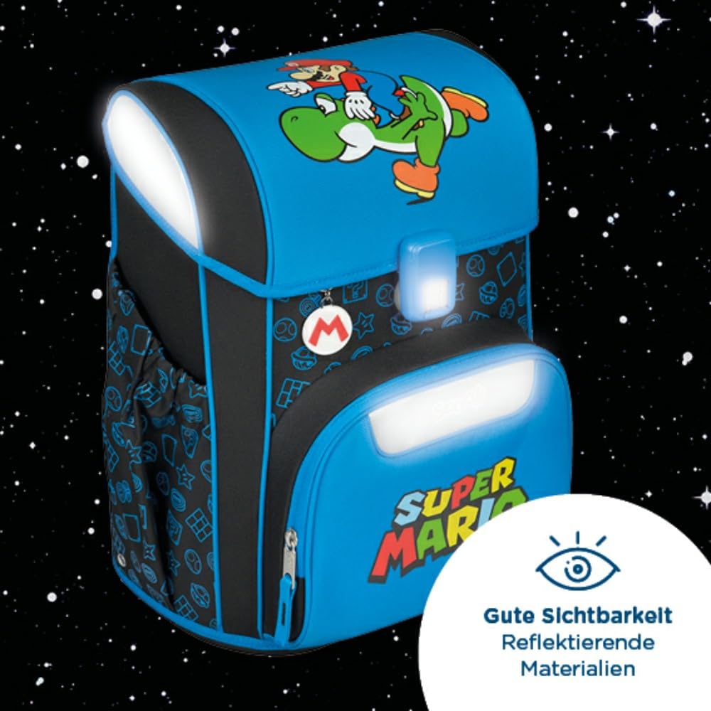 Scooli Schulranzen 1.Klasse Jungen EasyStart Schulranzen-Set geeignet für Super Mario-Fans (12tlg.mit Sporttasche Brotdose Trinkflasche Lernuhr Stifteköcher passend Platzdeckchen Schultüte)