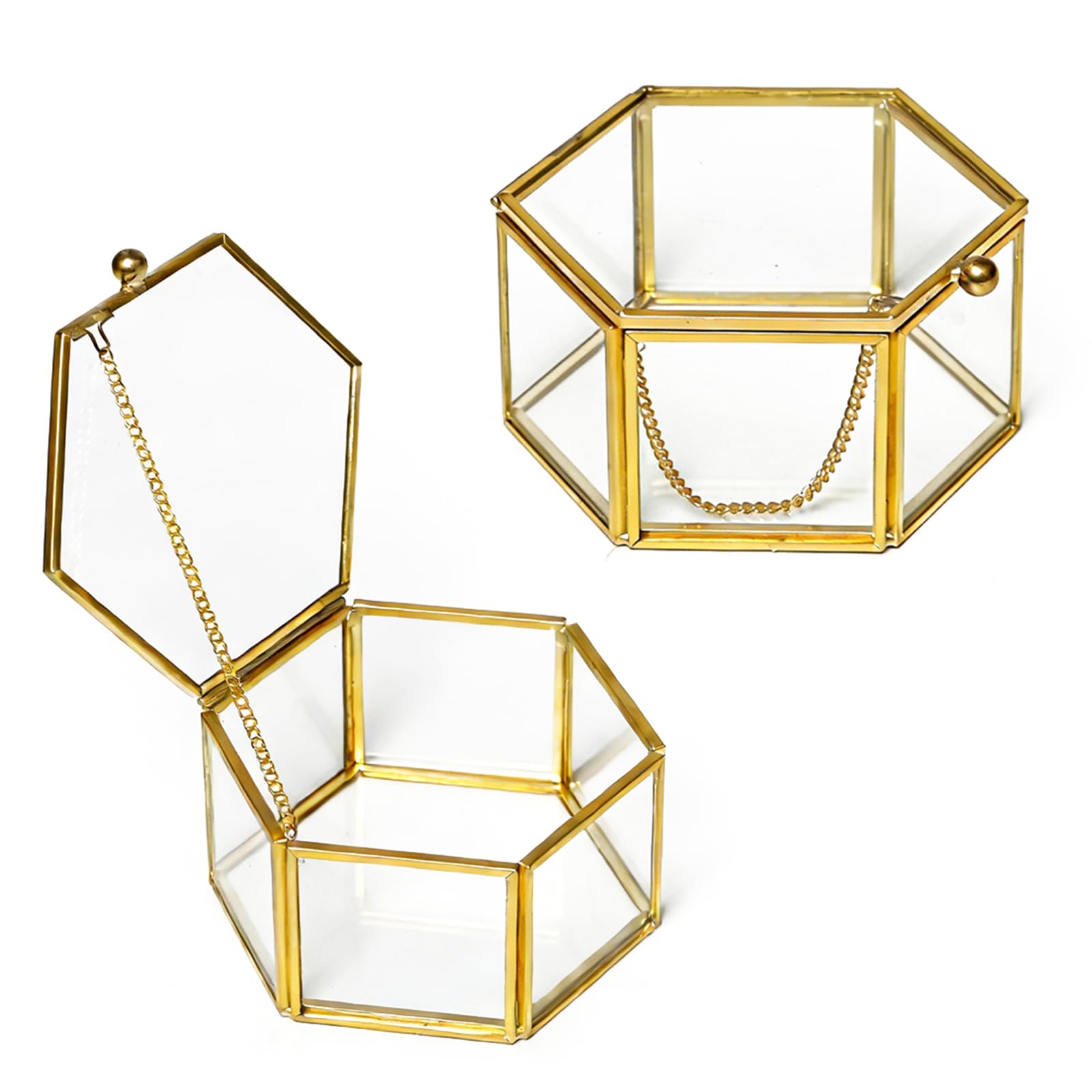 2 Pezzi Portagioie in Vetro Dorato Trasparente Scatola di Vetro per Gioielli 10 x 5.3CM Scatola di Anelli Geometrica Esagonale Trasparente per Gioielli, Orecchini, Anelli, Collane