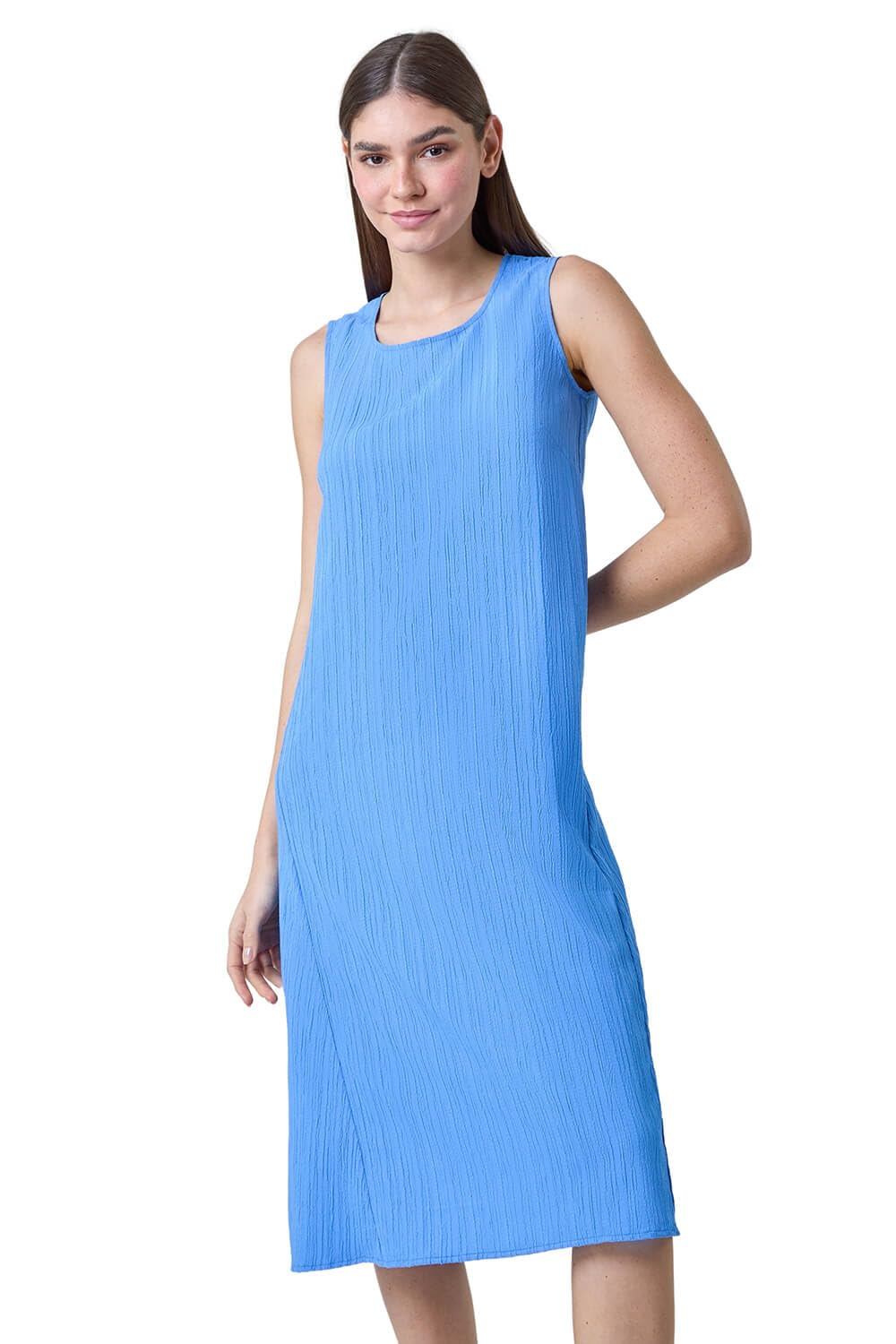 Roman Women's Light Blue Textured Stretch Sleeveless Midi Dress Size 10