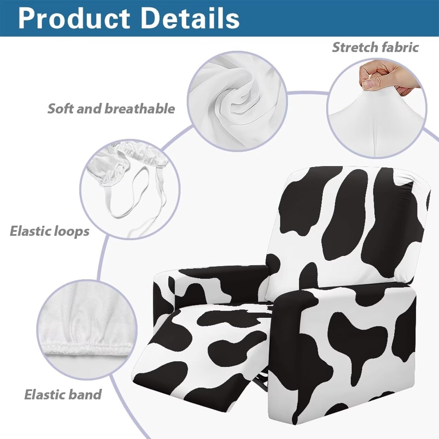 FOR U DESIGNS Black White Cow Easy Install 4-Pc Reclining Chair Slipcover Non Slip Stretch with Chew Resistant Fabric Storage Pockets Universal Fit for Small Recliners