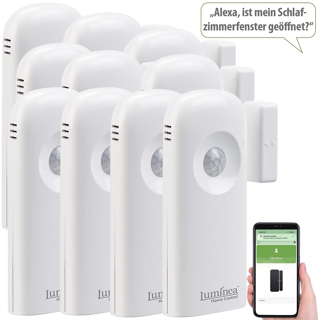 Luminea Home Control Tür-Alarm WiFi: 10er-Set 2in1-WLAN-Tür-/Fenstersensoren und PIR-Sensoren, mit App (Bewegung Melder innen Batterie, Türalarmsensoren)