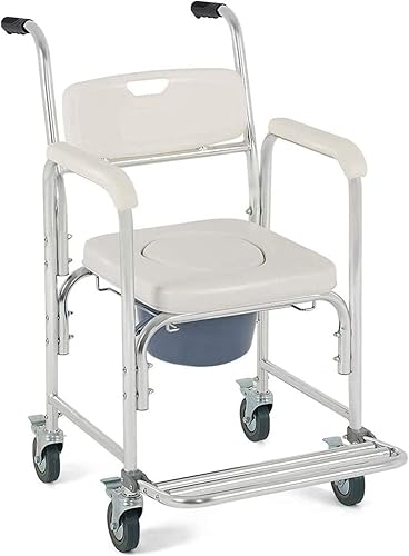 Silla cómoda con ruedas, silla de ruedas, silla de transporte, taburete de baño de 4 ruedas, frenos de 4 ruedasinodoro móvil con pedal plegable para