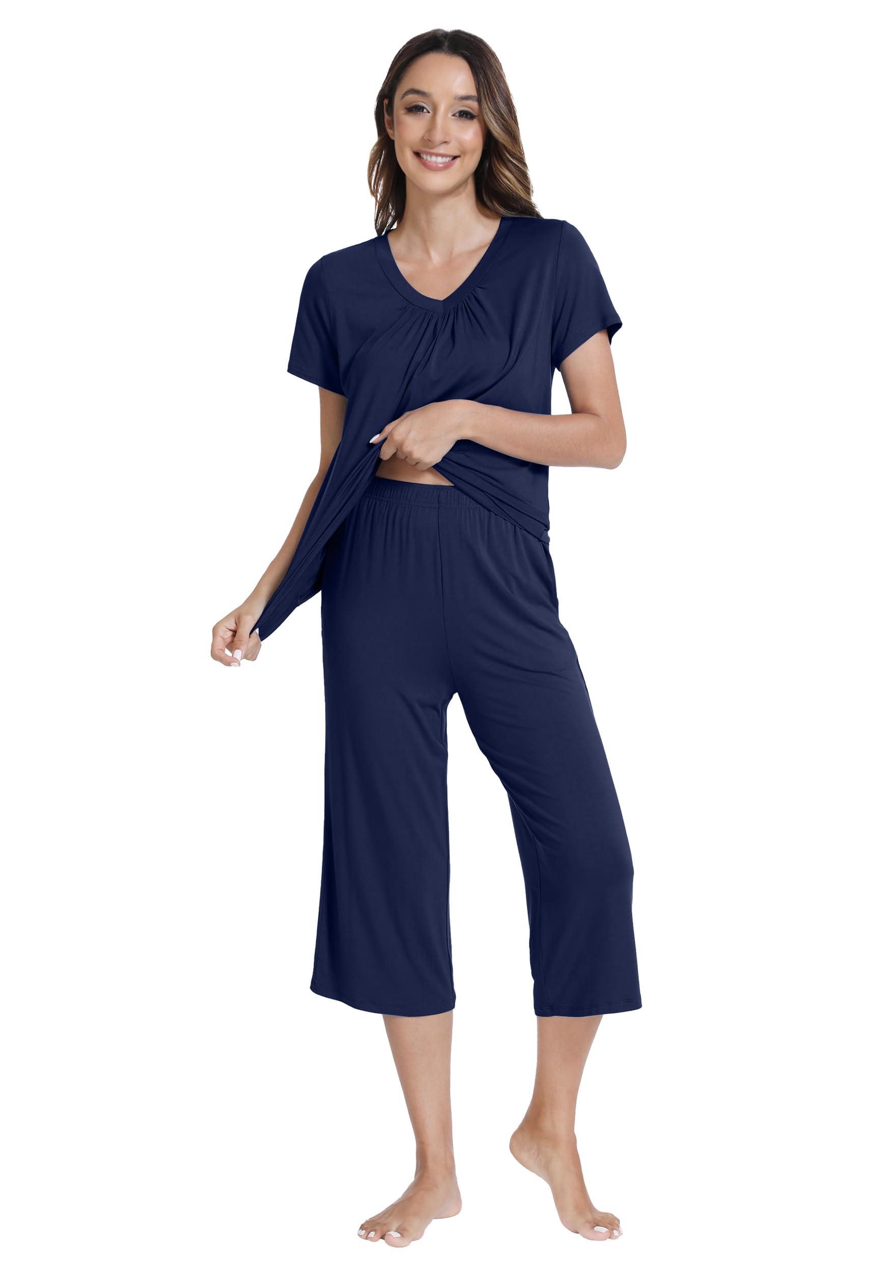 WiWi Pajamas for Women Short Sleeve Top And Capri Pants Loungewear Soft 2 Piece Capris Pjs Casual Pajama S-XXL