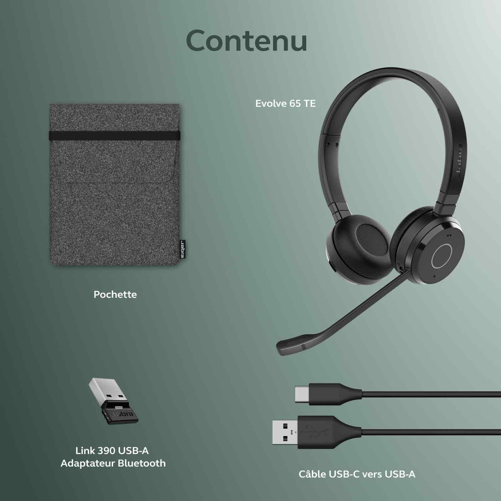 Jabra Evolve 65 TE Casque Stéréo Bluetooth Sans Fil (3e Édition 2025), Micro Antibruit, Connexion Double Appareil, Batterie 16h, Adaptateur USB-A, Certifié MS Teams, Compatible Multi-Plateformes, Noir