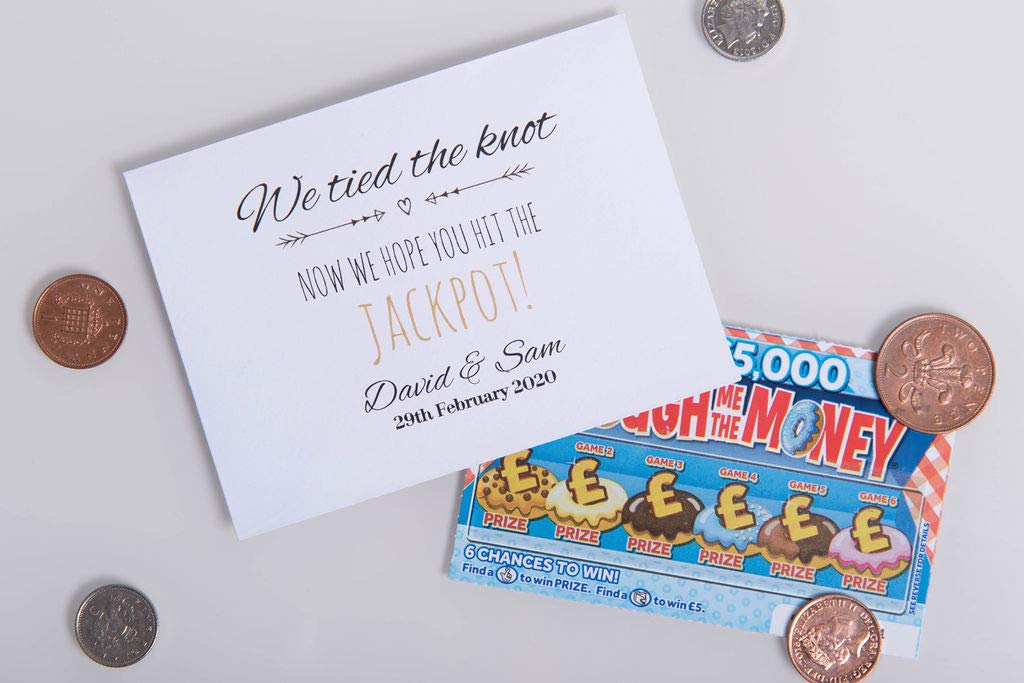 Personalised Wedding Favours - Scratch Card Holders - Lottery Ticket Paper Envelope in White or Recycled Kraft - We Tied The Knot (White 75)