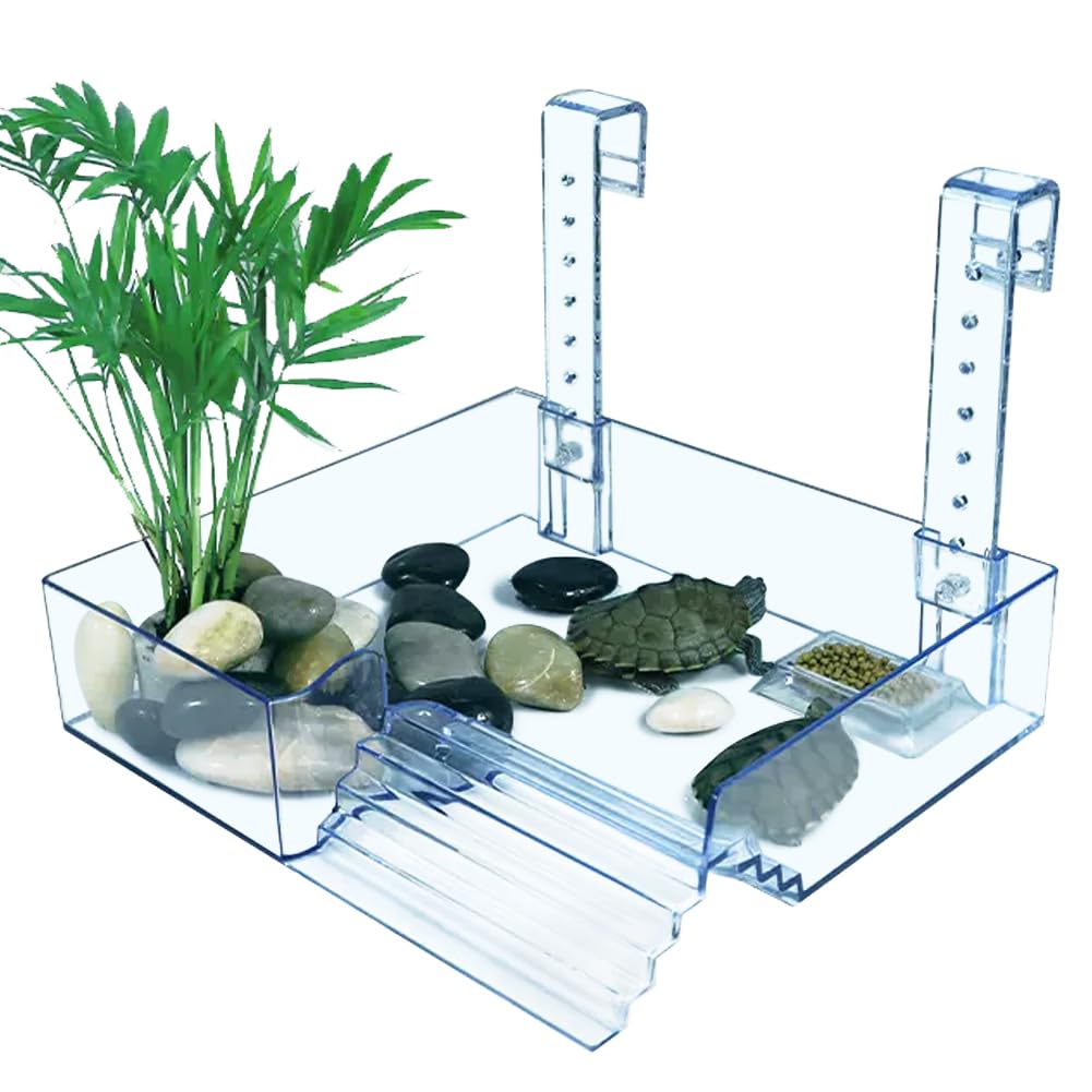 La La Pet Hanging Acrylic Turtle Basking Platform with Guardrail and Ladder - Tortoise Resting Terrace for Turtle Tank