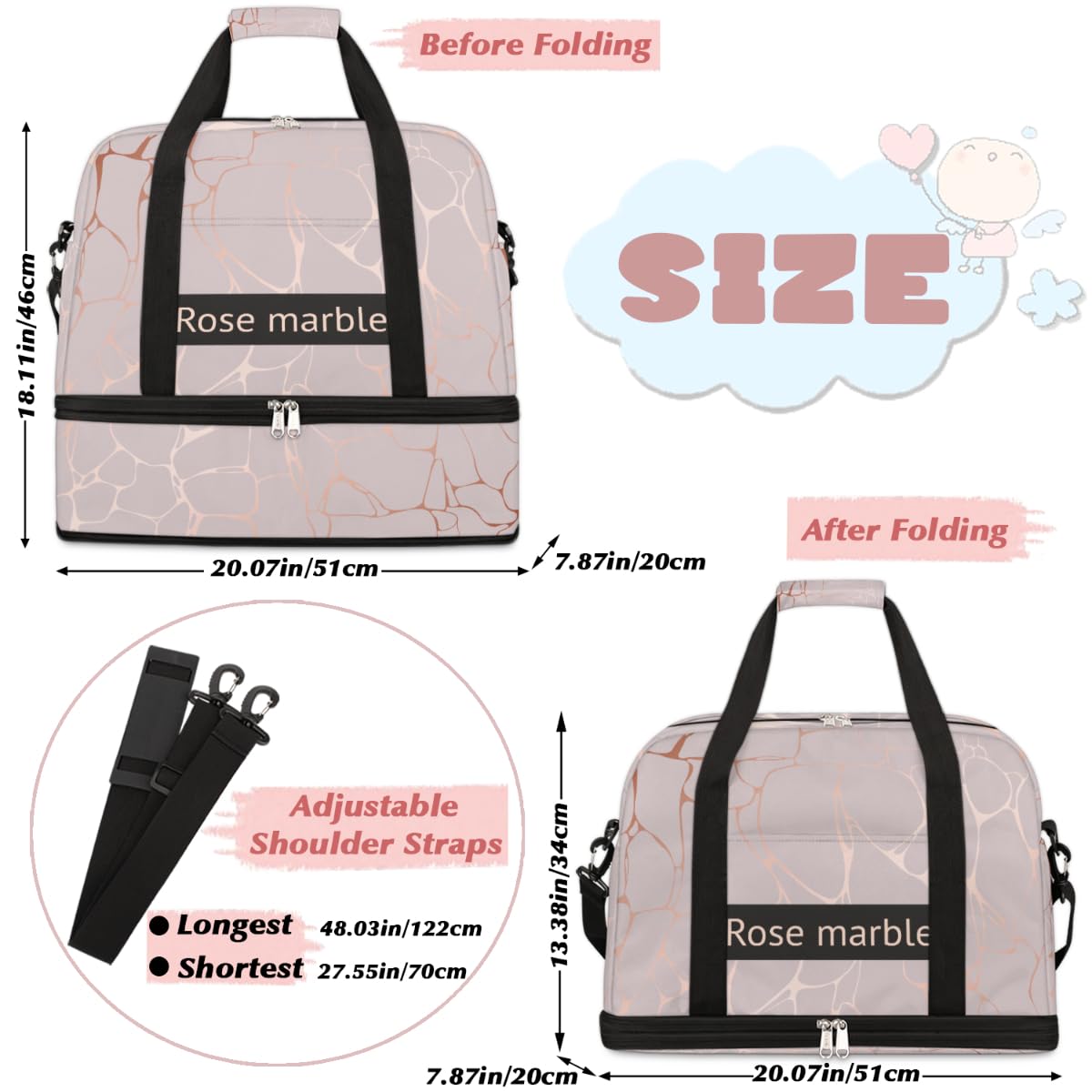 Bolsa de viaje plegable de mármol rosa, bolsa de fin de semana de mármol de 47 litros con funda de carrito de hombro separado para deportes, gimnasio, viajes, multicolor, 47L, Bolsa de viaje