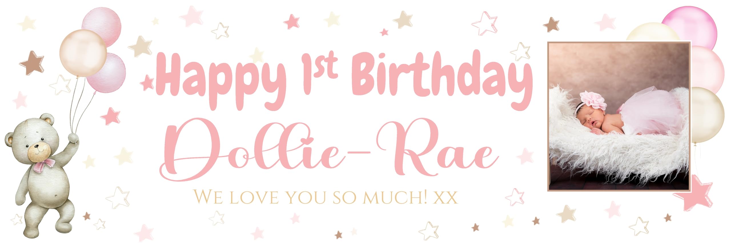 Large Personalised Banner for Girls Customised for Any Occasion with Photo - 6ft x 2ft Pink Teddy Bear Theme for First Birthday or Christening