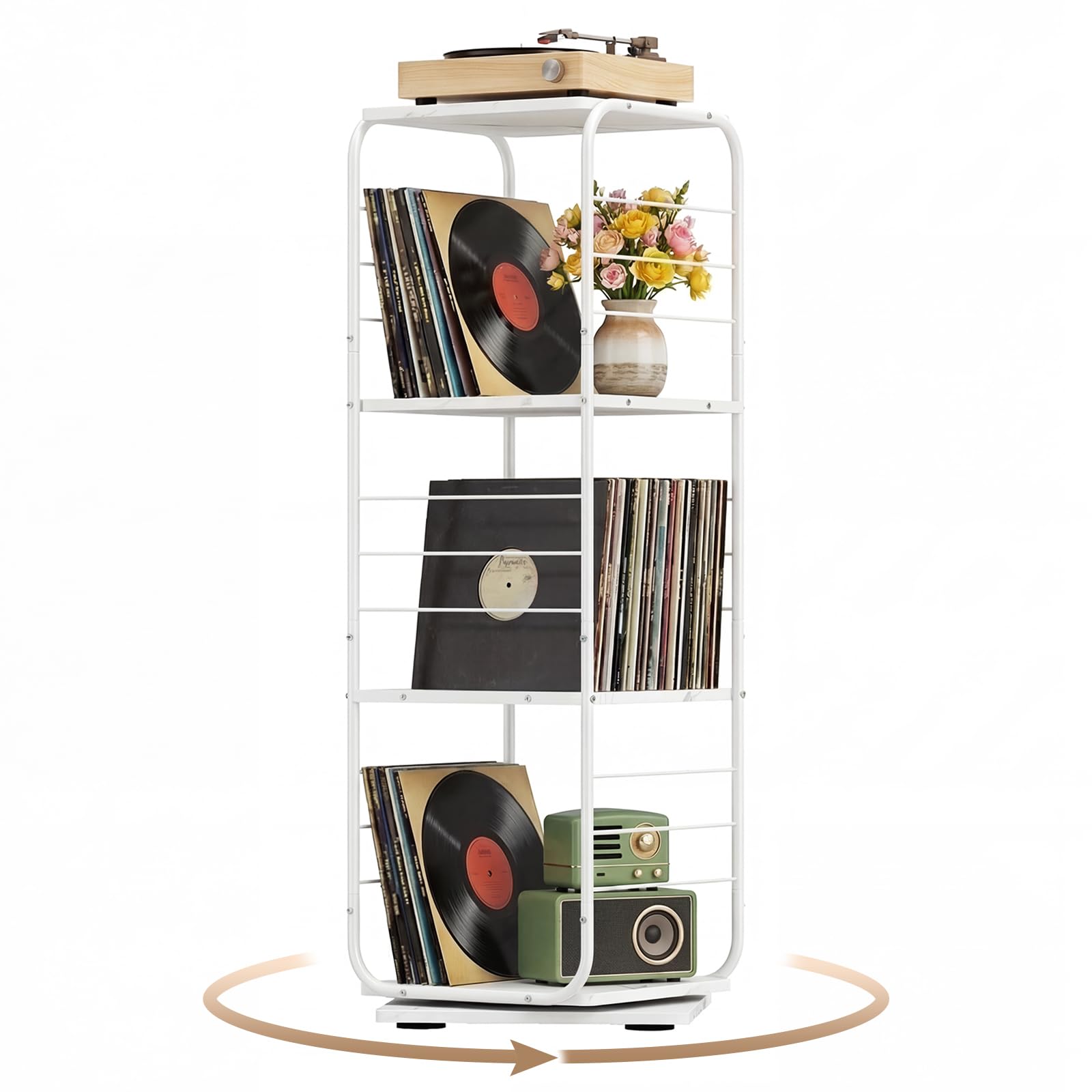 COSTWAY Mueble Tocadiscos de Vinilo para 280 LPs, Estantería Giratoria para Vinilos de 4 Niveles, Giratoria 360°,Metal, Soporte de Tiscos para Salón, 40x40x115cm (blanco)