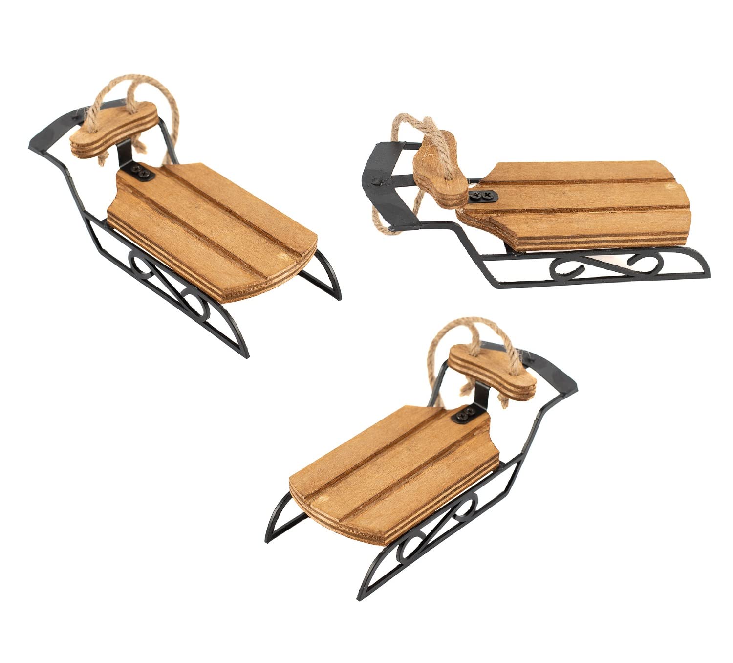 Mini Wood Sleds with Jute Hangers and Black Runners - Pack of 3 Classic Christmas Ornament Decorations - Ideal for Trees and Wreaths - 5-1/2