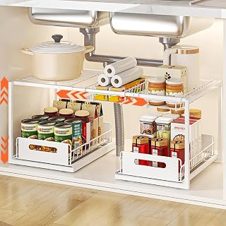 YunNasi Under Sink, Extendable 2 Tier (Vite, B-Style) | Height Adjustable & Expandable Metal Under Sink Organizer with Sliding Basket, for Kitchen, Bathroom & Cabinets