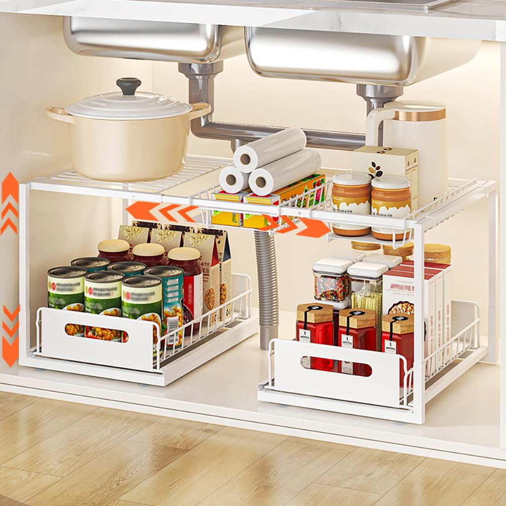 YunNasi Under Sink Storage, 2-Tier Metal Cupboard Organiser(White, B-Style)