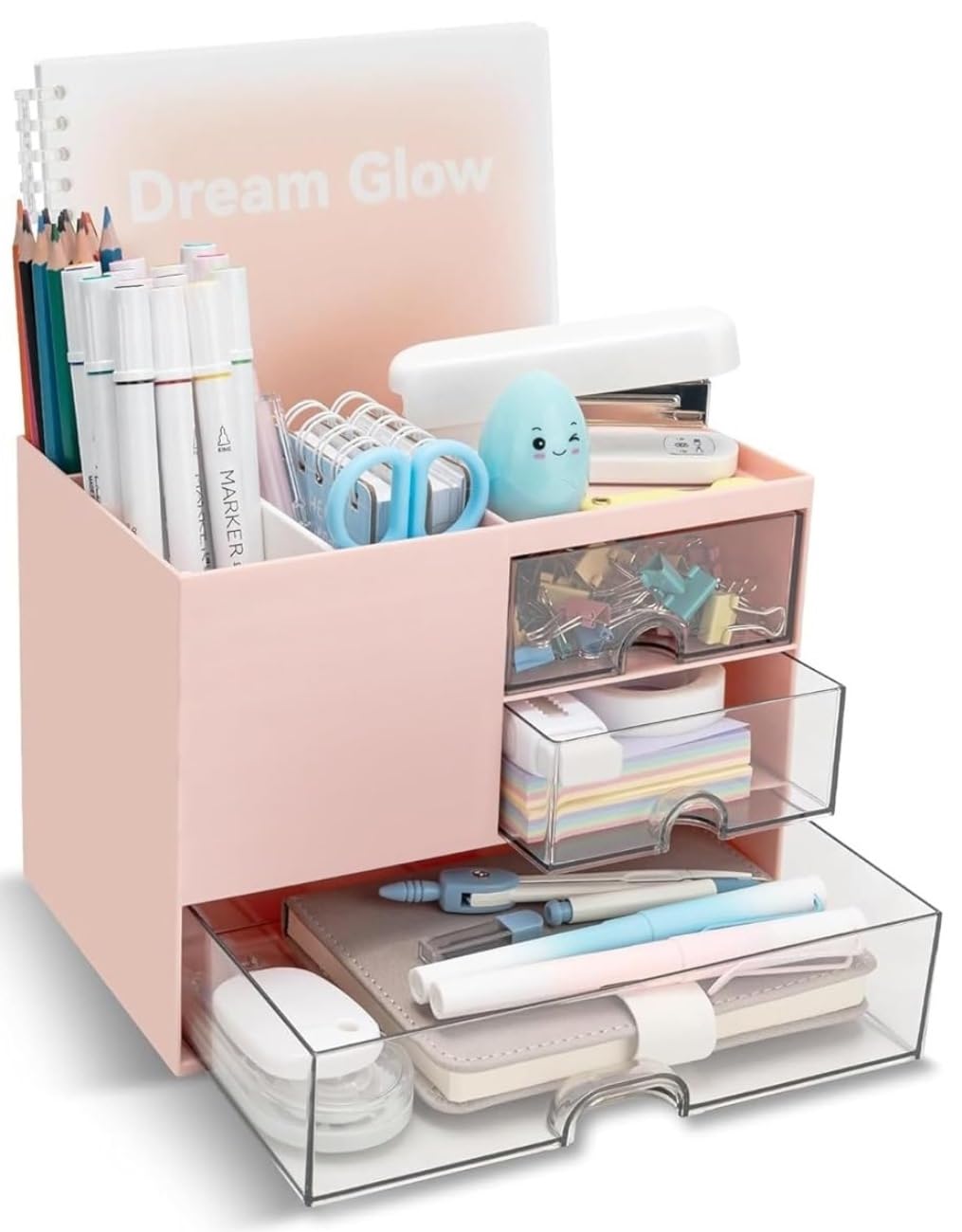 Shuttle Art Desk Organizer with Drawers for Office & Study | Multi-Functional Stationery Drawers for Students, Home Office, Makeup & Accessories | Cute Aesthetic Pen Holder Stand with Storage (Pink)