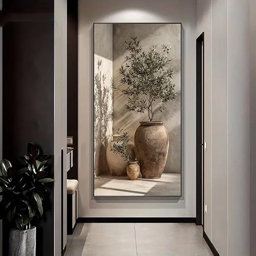 SDVIB Modern Sunlit Terracotta Pots & Olive Tree Shadows Canvas Wall Art Picture, Canvas Print for Living Room Decor(80x160cm/ Frameless)