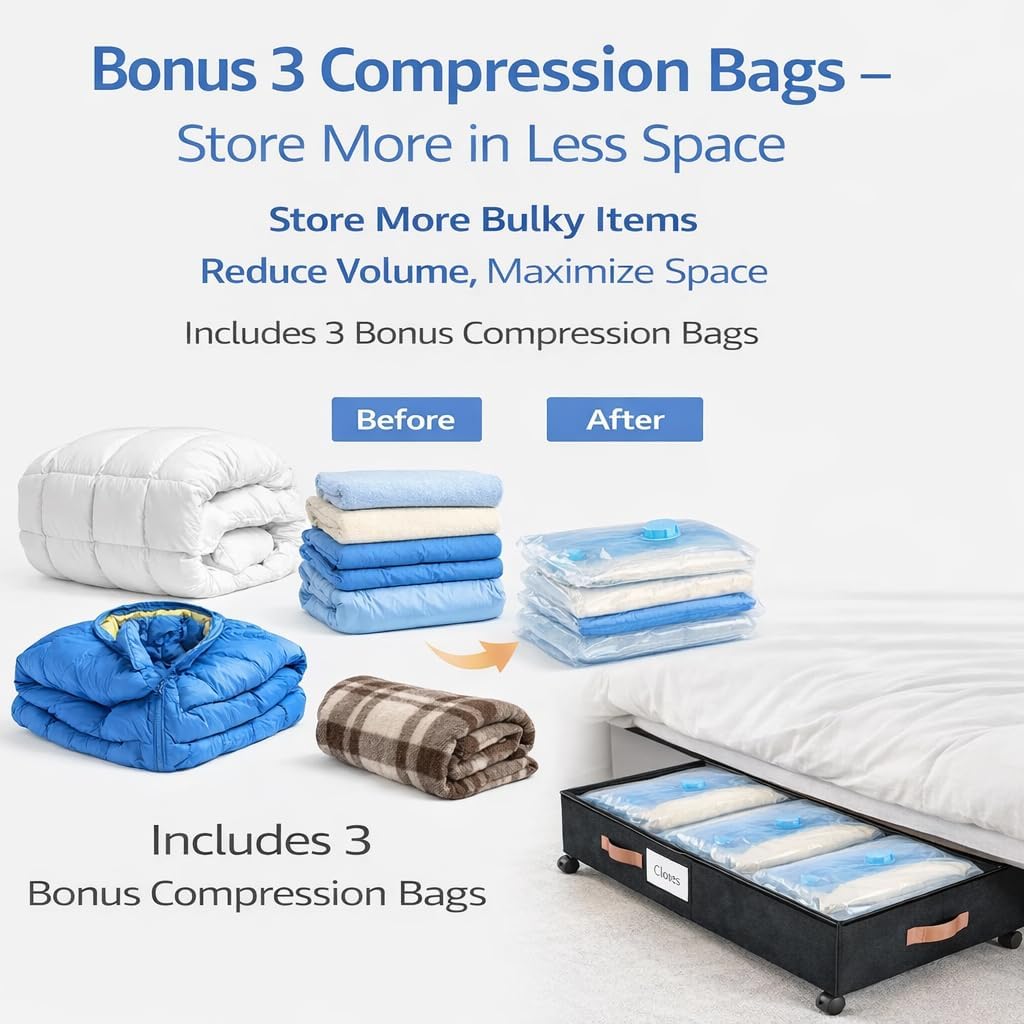 Under Bed Storage with Wheels, Under Bed Storage with Dividers, 66L Rolling Organizer with Clear Lid and 3 Compression Bags for Clothes, Blankets, Bedding and Shoes