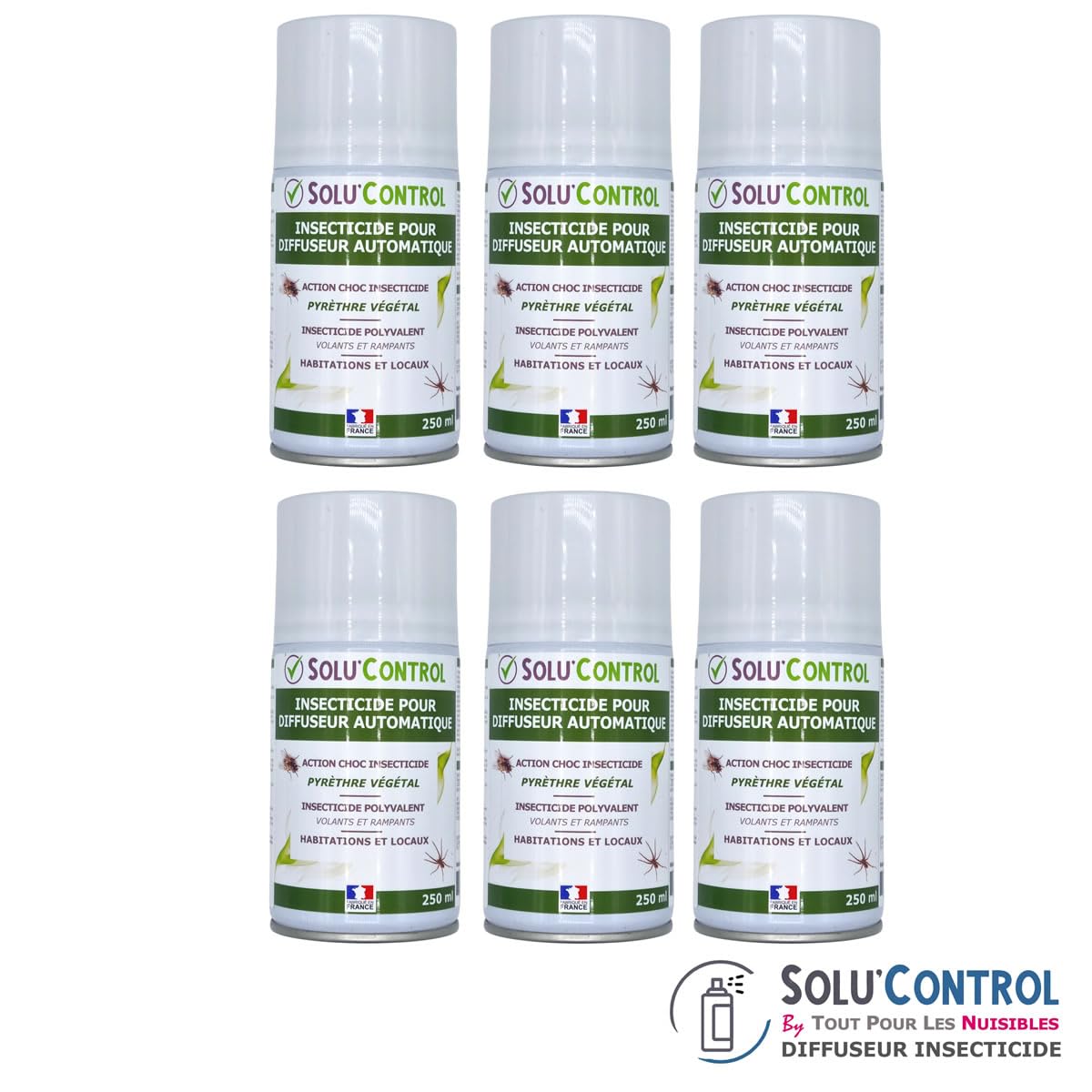6 Aérosols Insecticide 250 ml au Pyrèthre Végétal - Compatible Diffuseur Automatique - Action Choc Contre Volants et Rampants