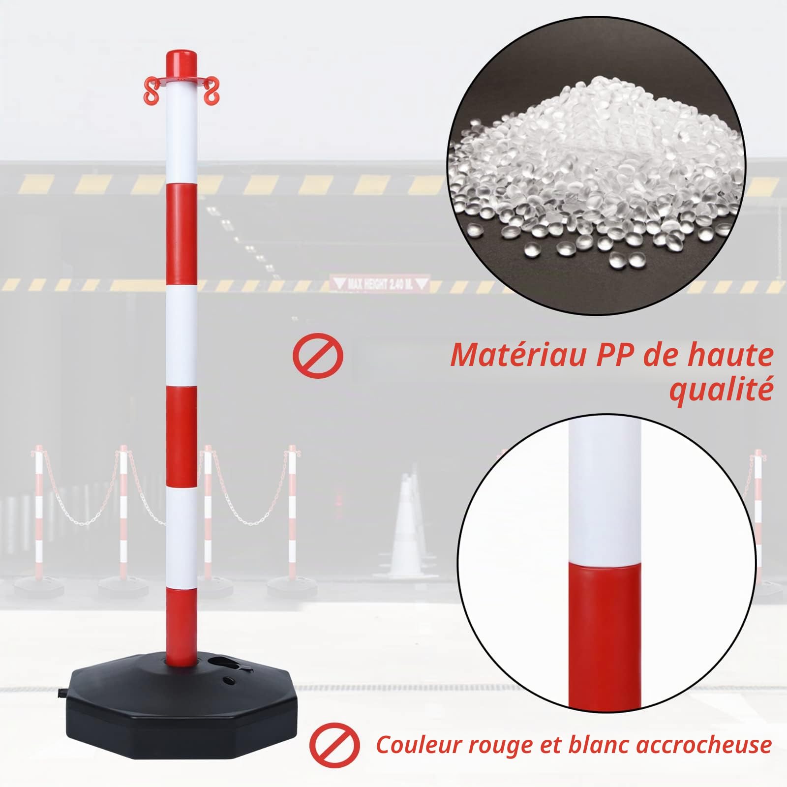 LZQ Lot de 4 poteaux d'arrêt avec 4 chaînes de blocage en plastique, porte-chaîne avec chaîne en plastique pour contrôle de la circulation et avertissement, rouge et blanc, 82 x 28 x 28 cm