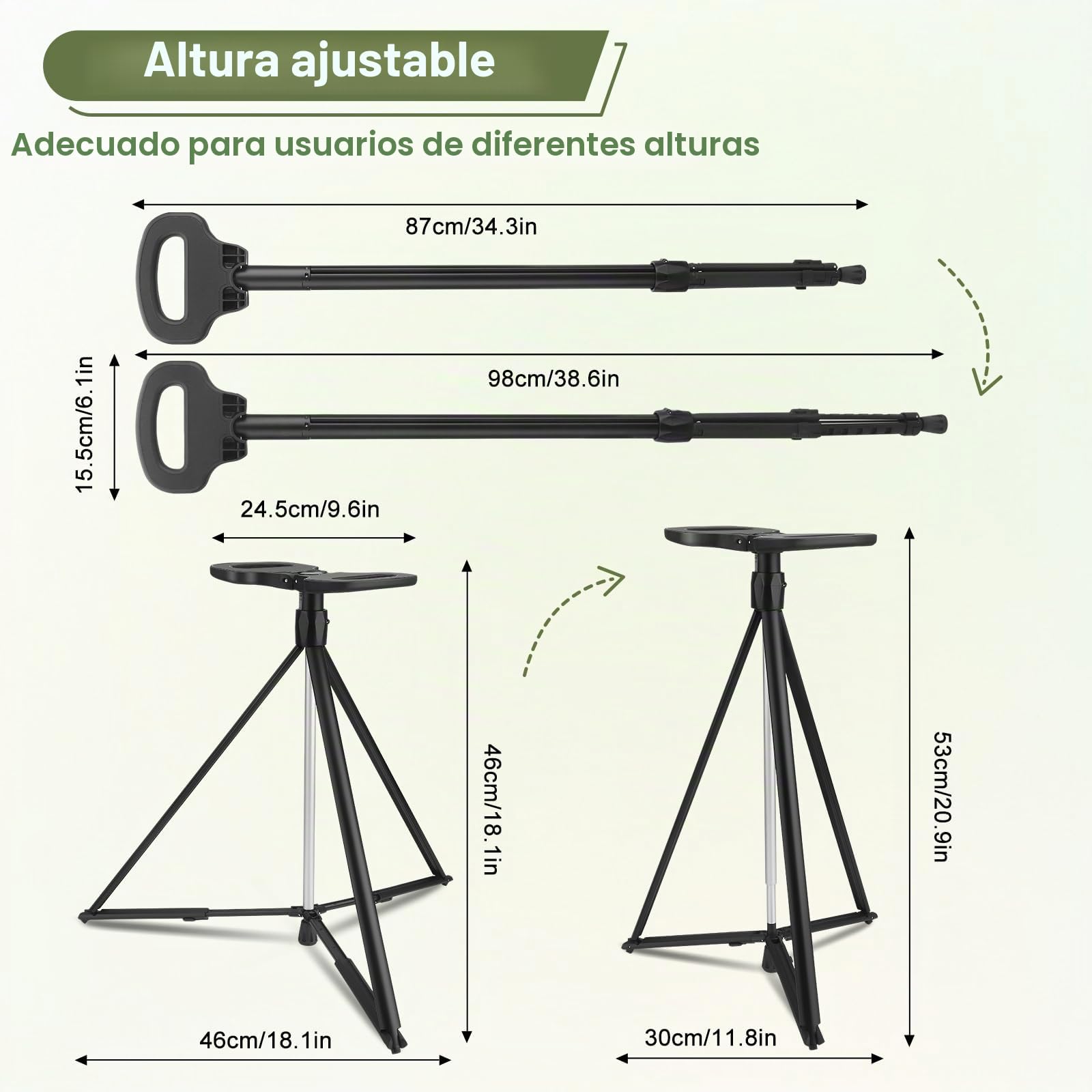 Bastón portátil con Asiento, bastón Ajustable con Asiento,bastón Plegable Ligero de Aluminio Antideslizante para Adultos,Silla con bastón para Viajes y Senderismo con Bolsa de Transporte