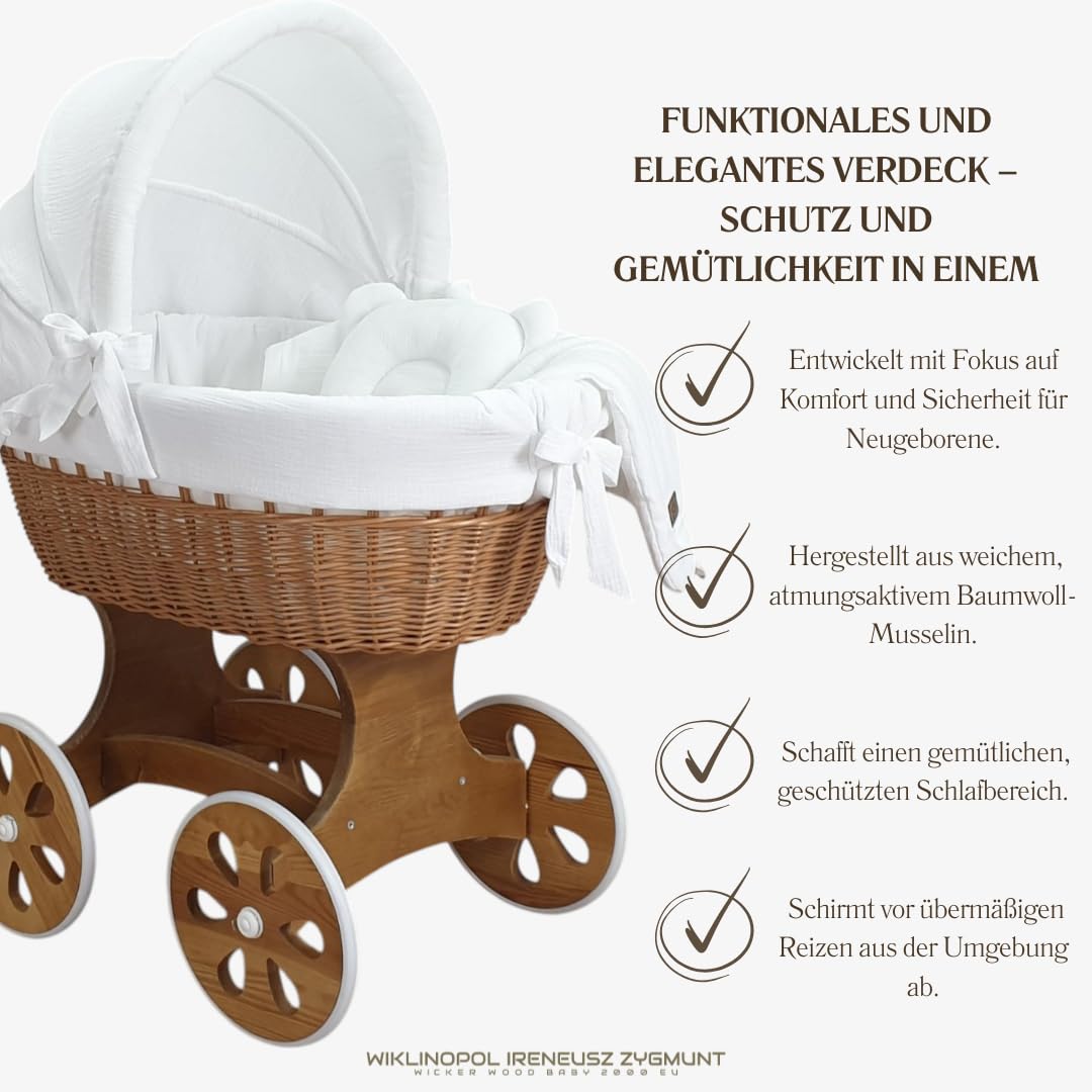 Wiklinopol Stubenwagen, Moseskorb Baby mit Gestell Annabell – Bollerwagen mit Rollen aus Naturweide – inkl. Matratze & 5-TLG. Weiß Musselin-Bettwäsche – Korb: Natur