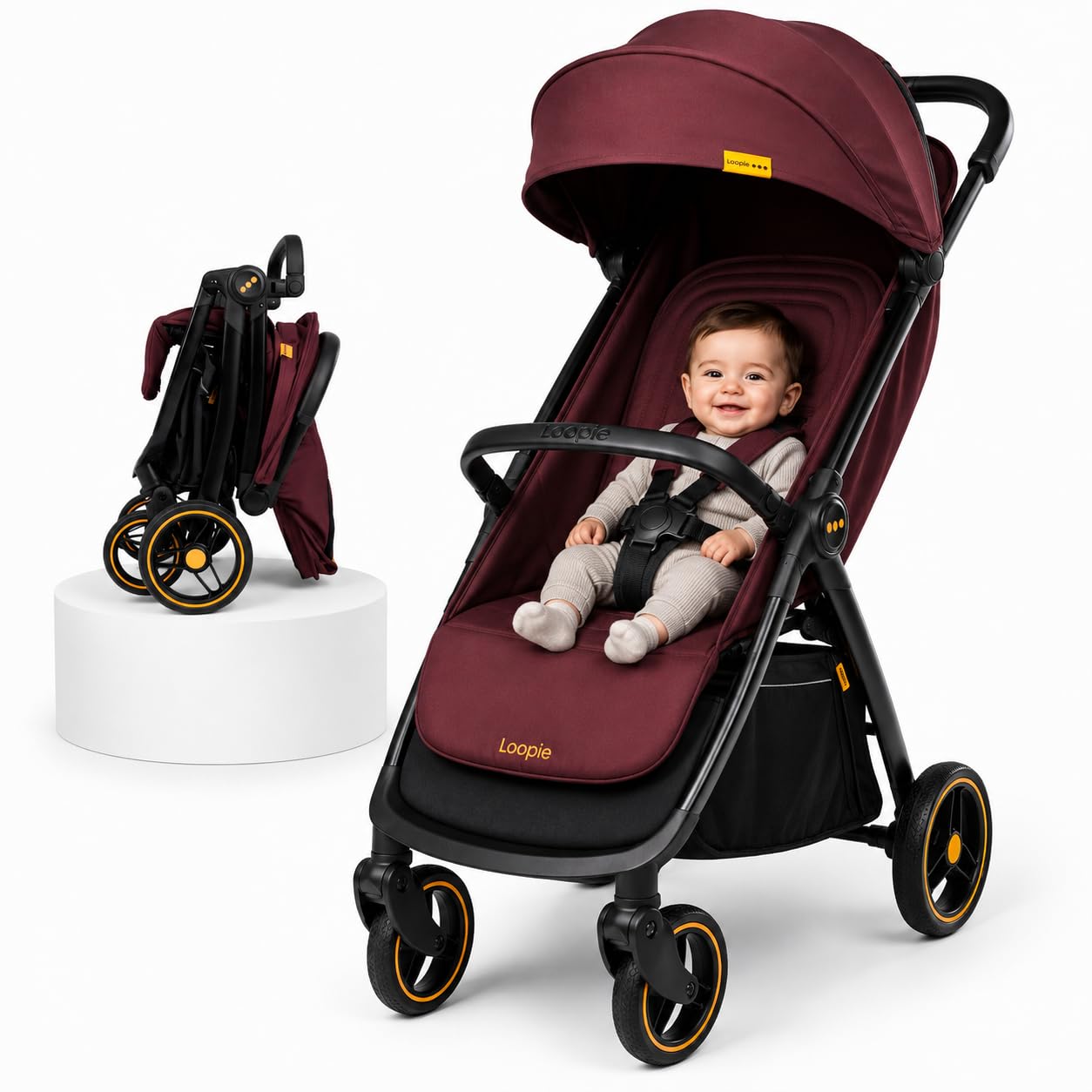 Loopie Hop Baby Stroller | 0-4 Years| Aluminium Frame Travel-Friendly Foldable Stroller with Magnetic buckle| Sun Protection Canopy| 5 Point Safety Harness| Adjustable Seat| Shock Absorber Wheels (Maroon Mulberry)-image-20