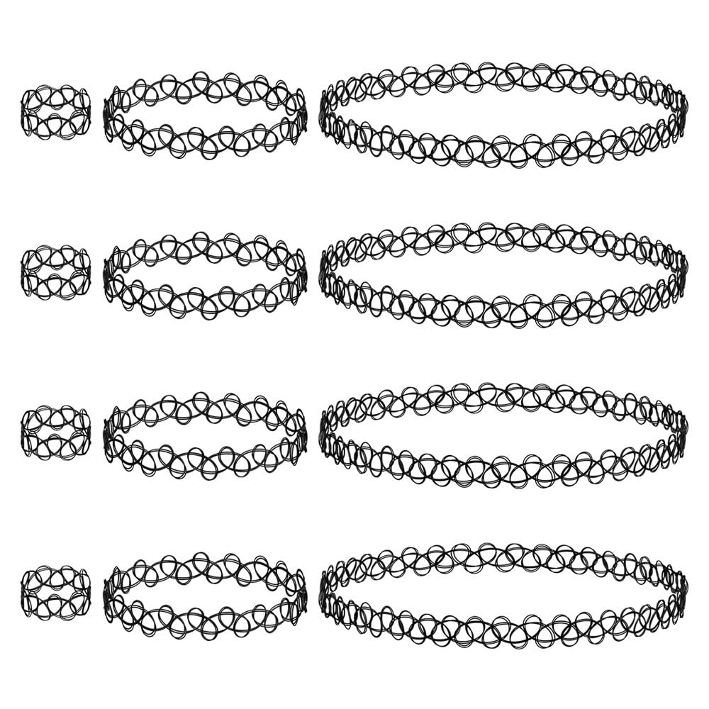 HZXINYI 3 Sets Schwarz Halsketten-Set - 12 Stück Hohlgewebe Halskette & Armband & Ring Choker Sets Stretch Tattoo Halskette Elastische Halsband Gothic Vintage 90er Jahre Stil
