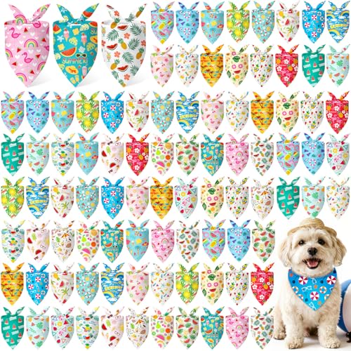 Preboun 100 Pieces Summer Bandanas for Dogs Bulk Hawaiian Dog Bandanas Fruit Kerchief Set for Summer Puppy Small Medium Large Pets Costume Accessories(19.7 x 13.8 x 13.8 inch)