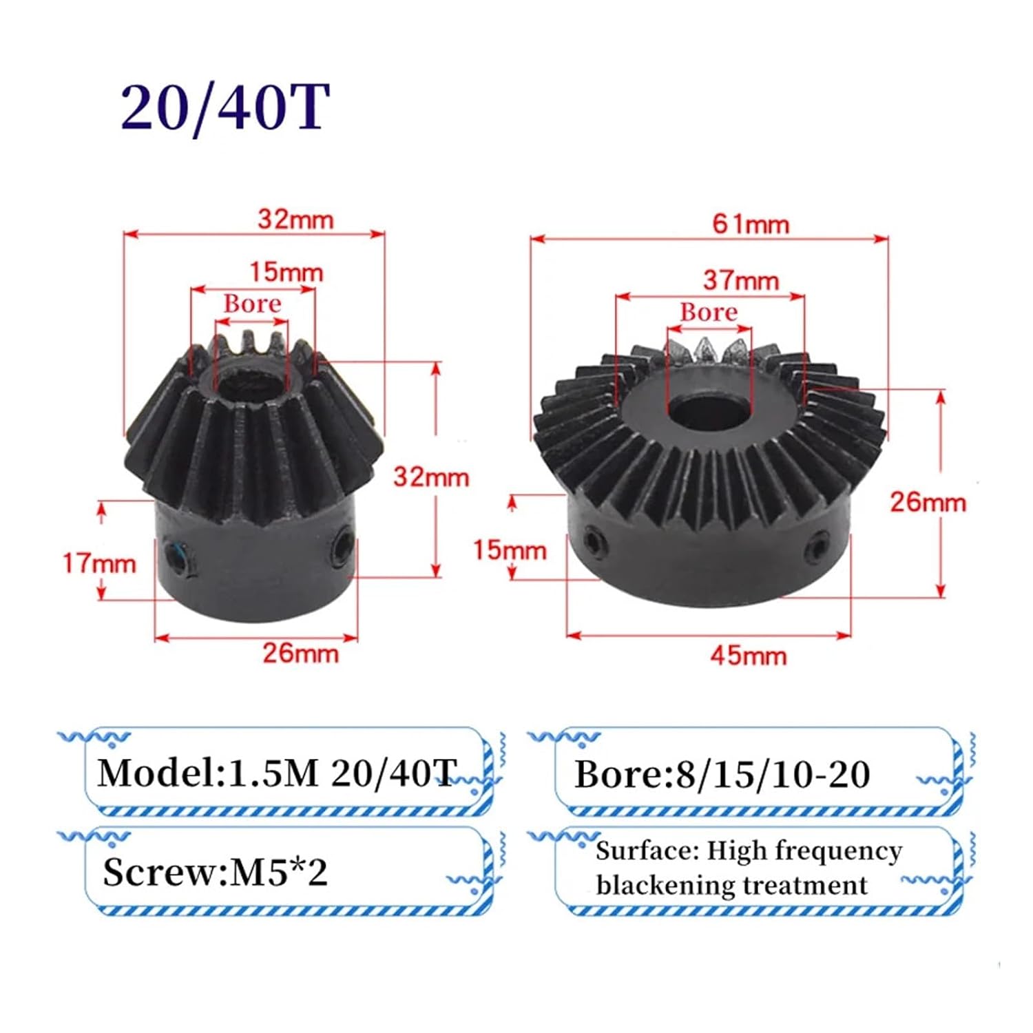 High Precision Motor Spur Gear 1pcs 8mm Single 1.5 Module Bevel Gear 1:2 15/30 20/40 Teeth with Keyway 45# Steel Bore Mechanical Transmission Gear(20 Teeth)