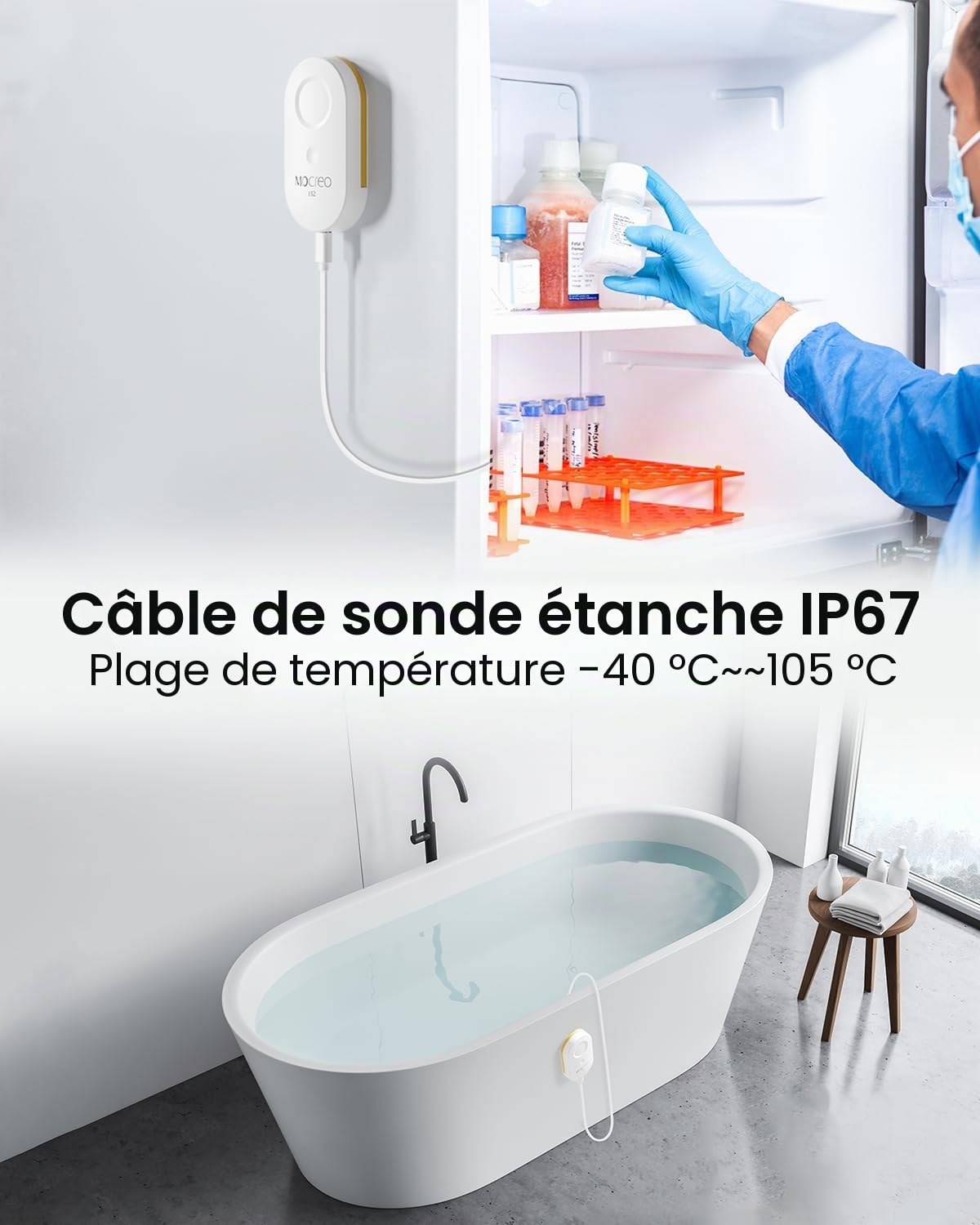 MOCREO Thermomètre longue portée LS2 avec sonde étanche, alerte par e-mail par application, journal de données de 2 ans, capteur de température à distance pour réfrigérateur, camping-car, piscine