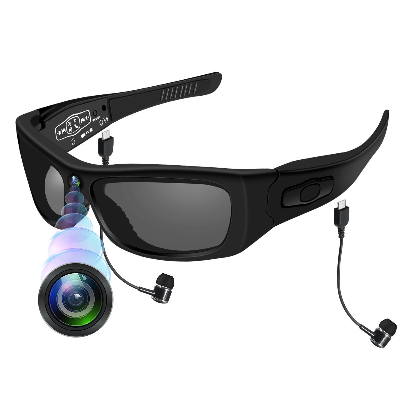 CYI Cámara Deportiva con Gafas de Sol - Action CAM 1080P Bluetooth 5.0, Videocámara Impermeable con Llamadas/Música, 100 Min Autonomía, para Ciclismo/Moto/Running (Incluye Auriculares)