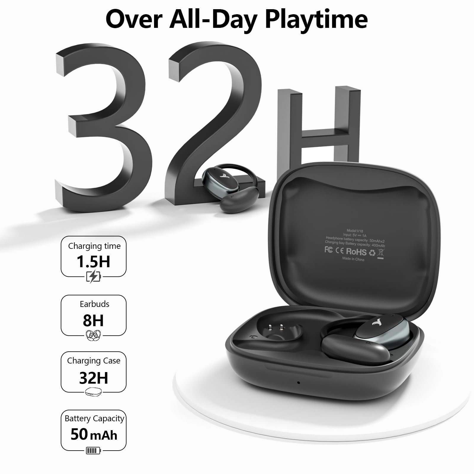 QKJ Auricolari aperti Bluetooth 5.4, 32H tempo di riproduzione, IPX4 resistente all'acqua, gancio per orecchio ergonomico ultra-confortevole, driver ovali 15x11mm, controllo touch, auricolari sportivi