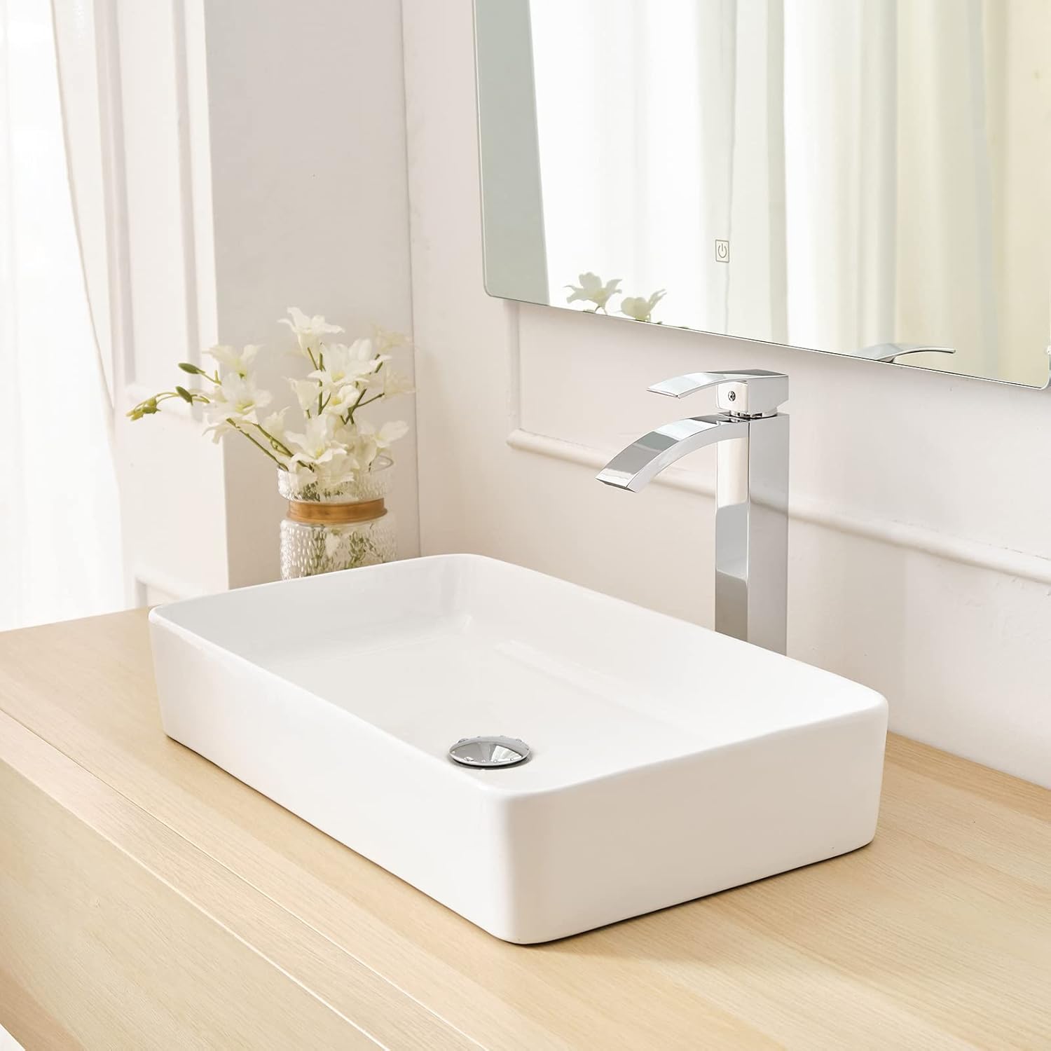 Super Big Clearance! Greenspring Vessel Sink Faucet Chrome Bathroom Tall Spout Single Handle Single Hole Waterfall Modern Brass Commercial Basin Faucets with Pop Up Drain Without Overflow Supply Line Lead-Free