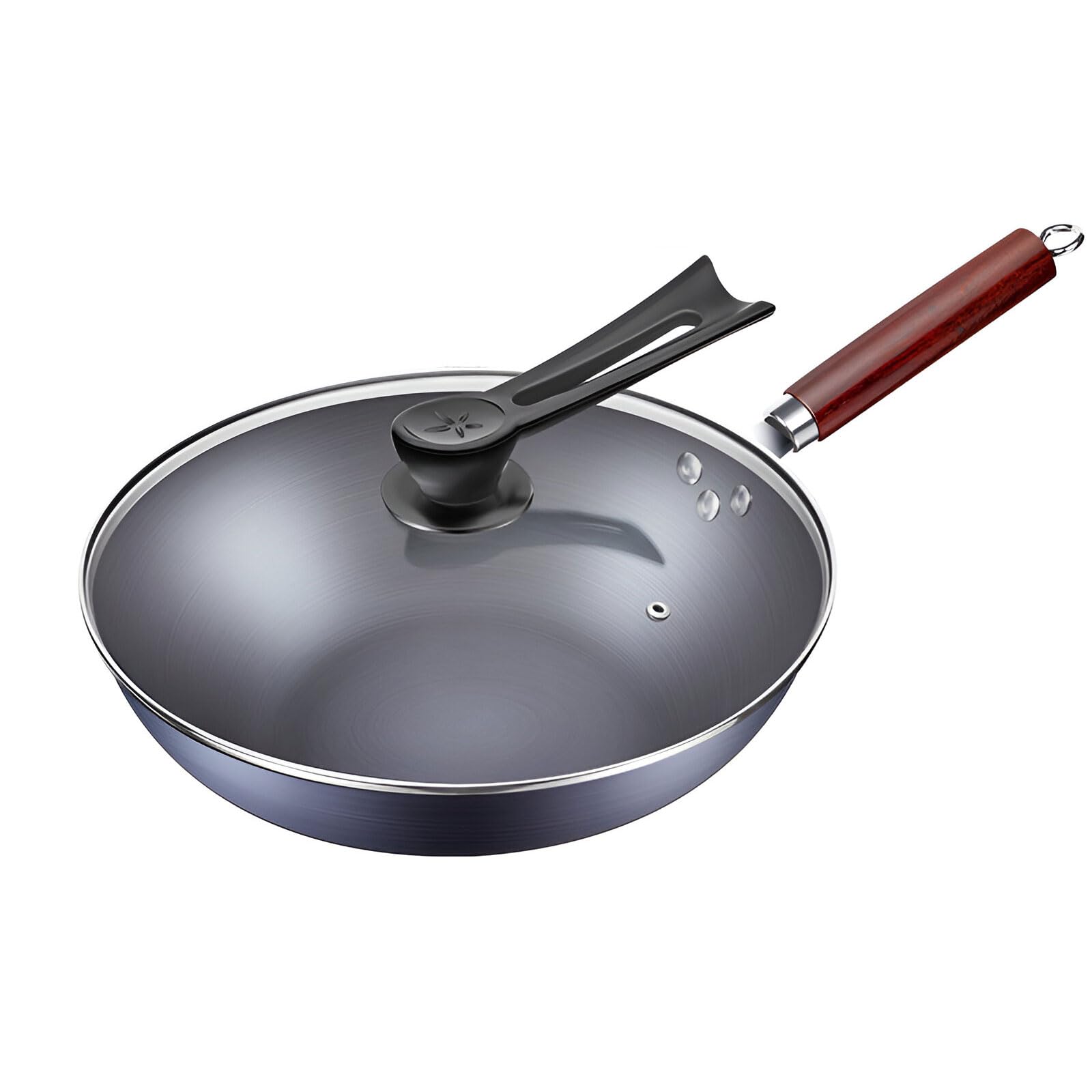Wok żeliwny, nieprzywierająca patelnia z pokrywką i drewnianym uchwytem, idealna do gotowania indukcyjnego, elektrycznego, gazowego, naczyń kuchennych 32 cm