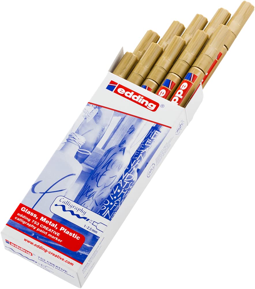 Edding 753 Kalligraphie Marker - Gold - 10 Lackmarker - Kalligraphiespitze 1-2,5 mm - für Glas, Stein, Kunststoff, Papier - wasserfest, sehr deckend - Schriftzüge, bujos