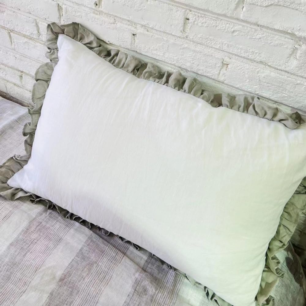 Pure Linen Ruffled Pillowcase, Soft Pillow Cover, Home Bedding, Dorm, Girl's Room Decoration Pillow Case,White sage Green,1piece 50x70cm