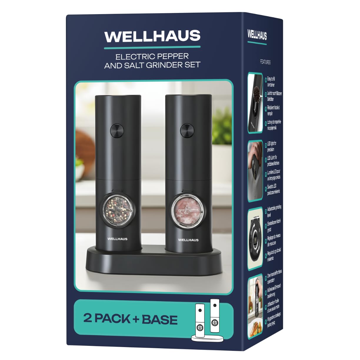 Macinasale e macinapepe elettrica – Set di 2 Macinasale e macinapepe a batteria con base, set di macine per spezie e sale, set di macine con luce LED e regolazione della grana, Nero