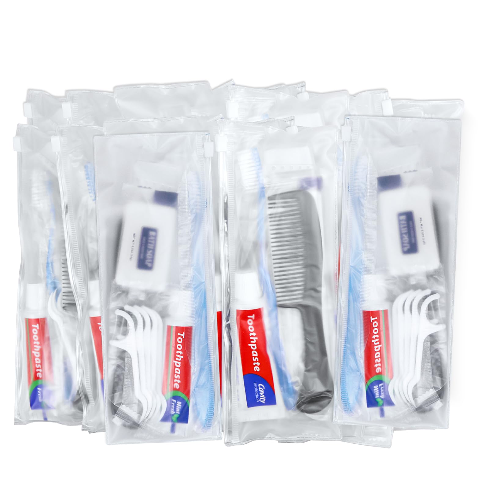 50 set di kit per l'igiene personale, spazzolini da denti usa e getta con dentifricio, filo interdentale, pettine, sapone e copertura, kit da toeletta per senzatetto in blocco