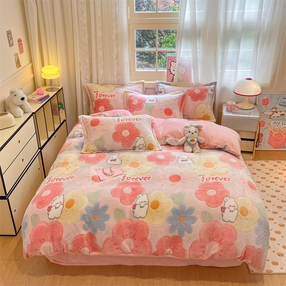 Pink Floral Duvet Cover Set Queen Fluffy Bedding Set Kawaii Cartoon Comforter Cover Soft Kids Duvet Cover (Pink Flowers,Queen)