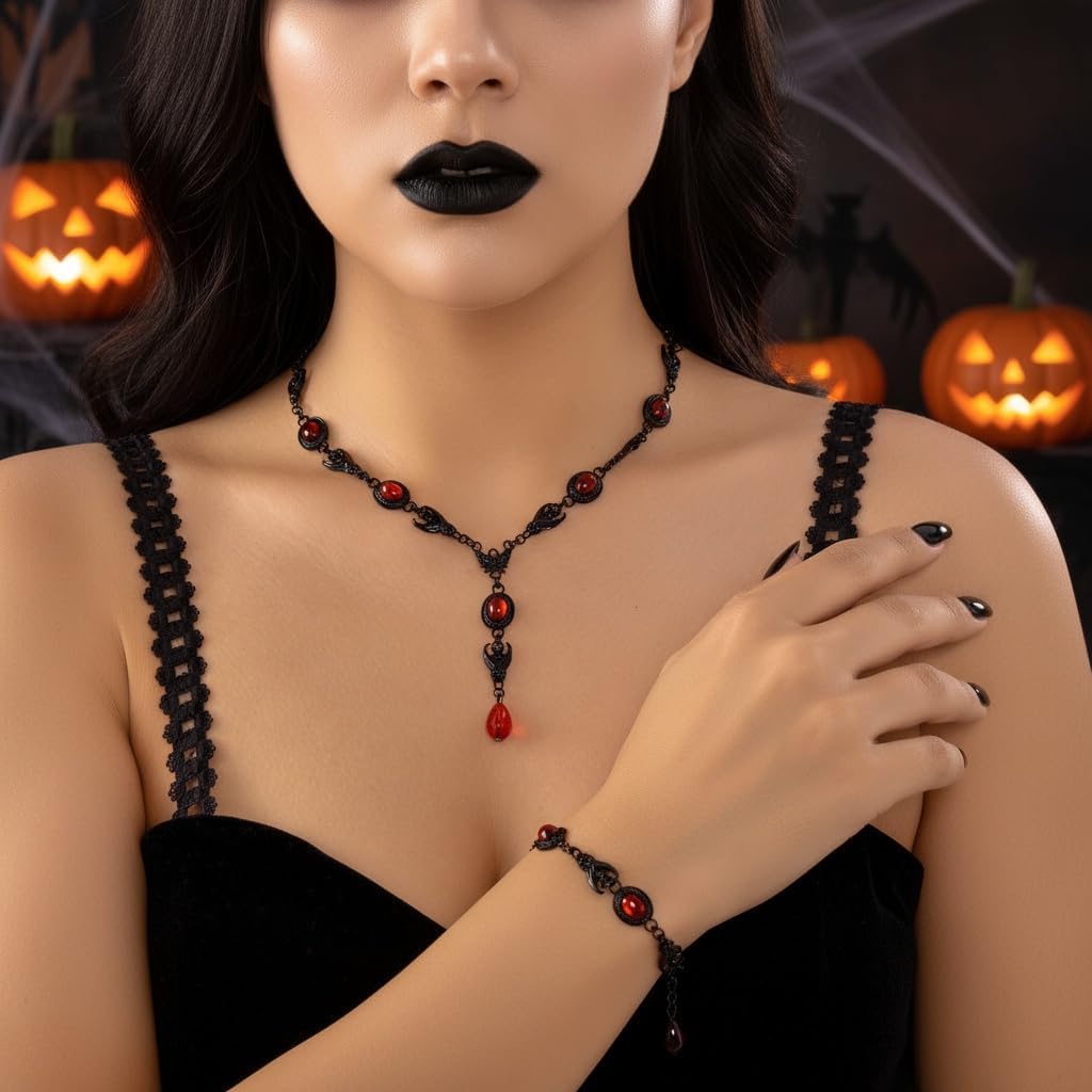 Gothic Halloween Jewelry Set for Women Dark Vintage Crystal Blood Drop Tassel Necklace Eearrings Black Gothic Necklaces Bracelet Earrings Sets Halloween Jewelry Set for Women - Image 3