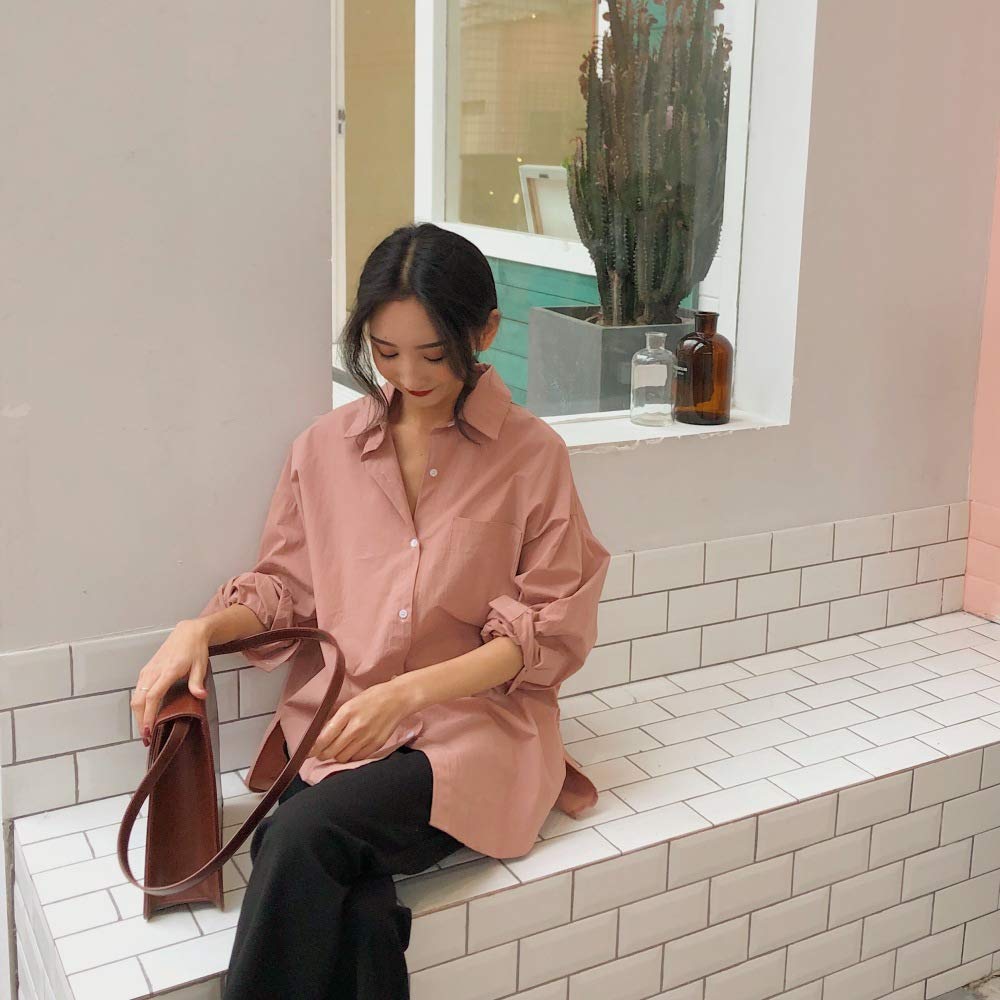 ZZAI Tops Sueltos De Media Longitud - Camisa De Manga Larga con Cuello De Polo Mujer - Tops De Pareja,Pink