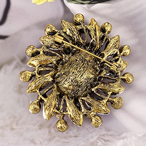 Image of SELOVO Flower Rhinestone Statement Brooch Pin Broach Antique Gold Tone