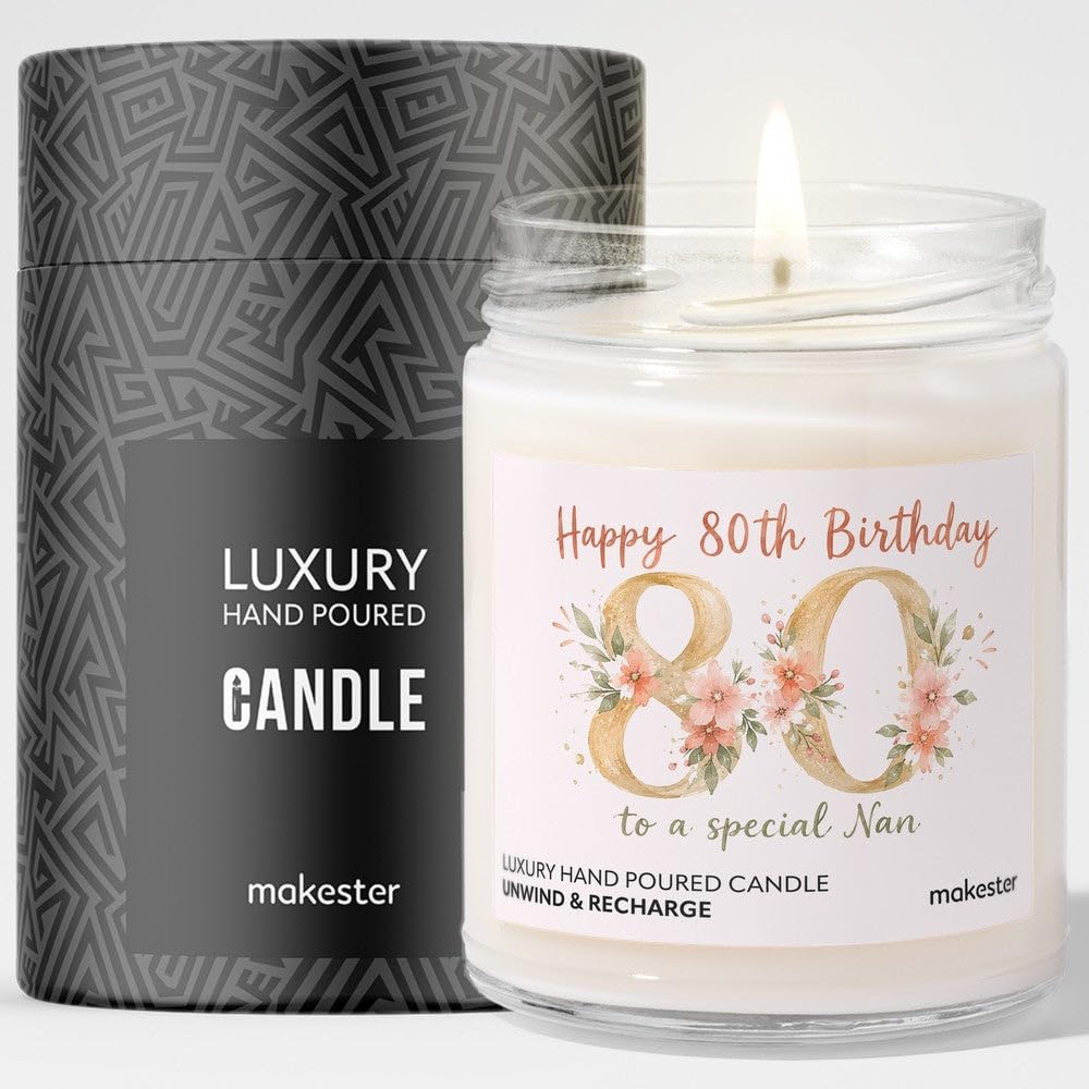 80th Birthday Gift for Nan - Luxury Soy Wax Candle - Vanilla, Jasmine, Sugared Almond - Makester — image 1